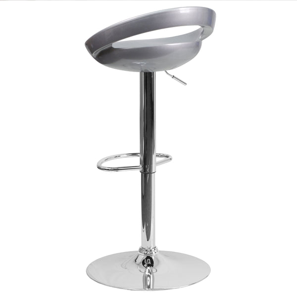 Silver |#| Silver Plastic Adjustable Height Barstool w/ Rounded Cutout Back & Chrome Base