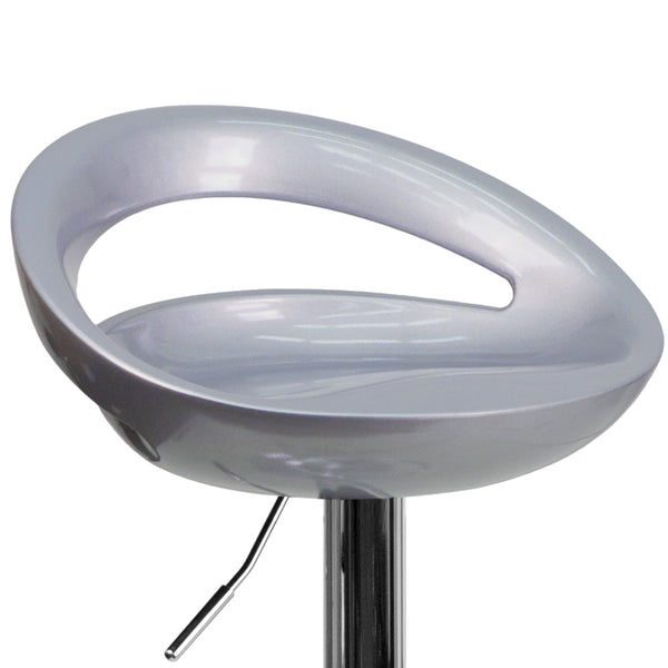 Silver |#| Silver Plastic Adjustable Height Barstool w/ Rounded Cutout Back & Chrome Base