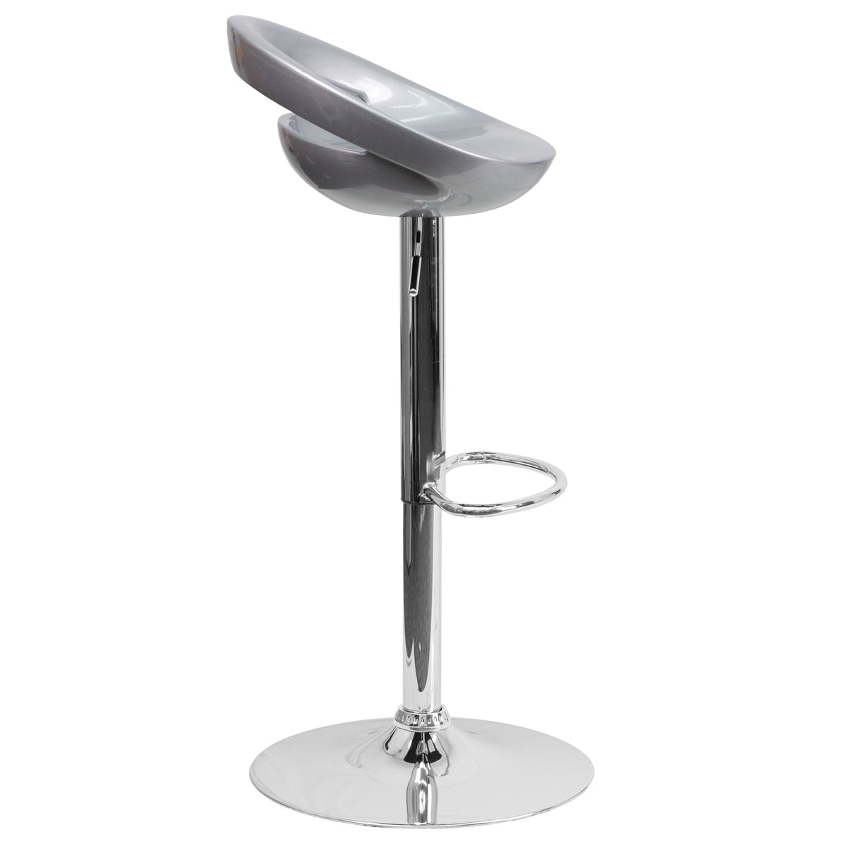 Silver |#| Silver Plastic Adjustable Height Barstool w/ Rounded Cutout Back & Chrome Base