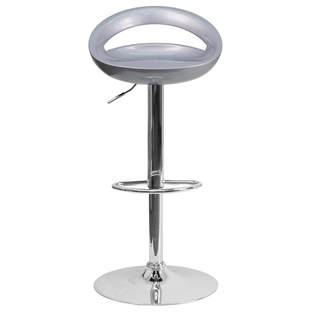 Silver |#| Silver Plastic Adjustable Height Barstool w/ Rounded Cutout Back & Chrome Base