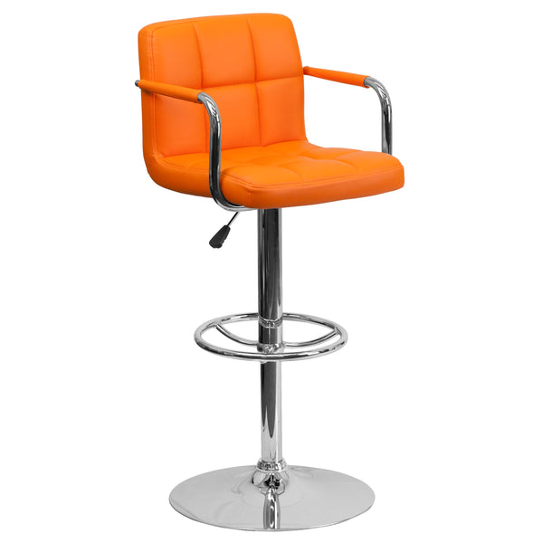 Orange |#| Orange Quilted Vinyl Adjustable Height Barstool with Arms and Chrome Base