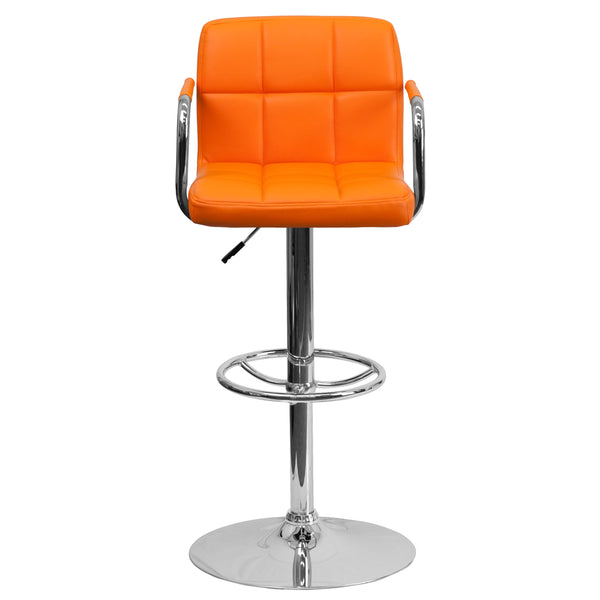 Orange |#| Orange Quilted Vinyl Adjustable Height Barstool with Arms and Chrome Base