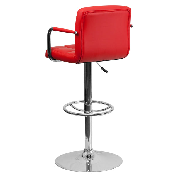 Red |#| Red Quilted Vinyl Adjustable Height Barstool with Arms and Chrome Base