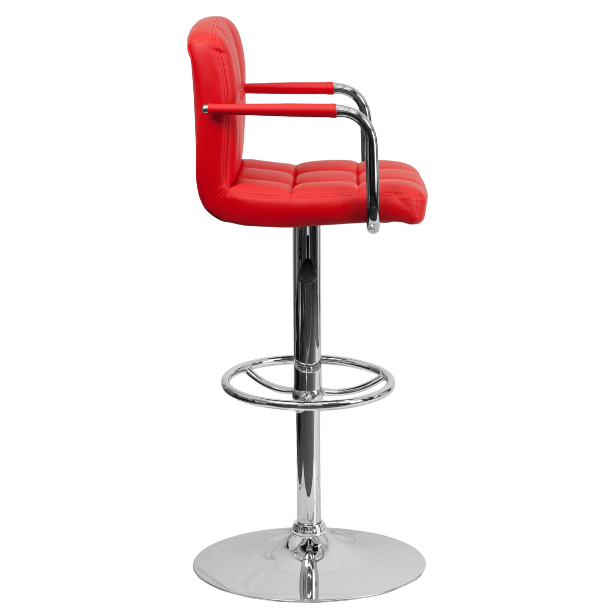 Red |#| Red Quilted Vinyl Adjustable Height Barstool with Arms and Chrome Base