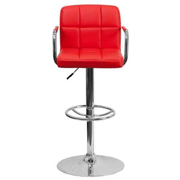 Red |#| Red Quilted Vinyl Adjustable Height Barstool with Arms and Chrome Base