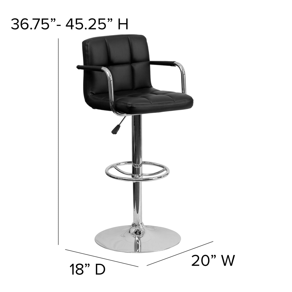 Black |#| Black Quilted Vinyl Adjustable Height Barstool with Arms and Chrome Base