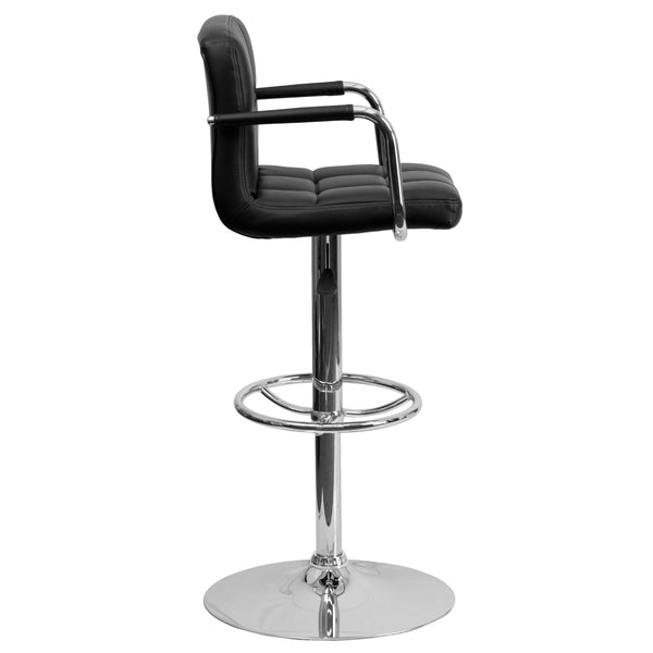 Black |#| Black Quilted Vinyl Adjustable Height Barstool with Arms and Chrome Base