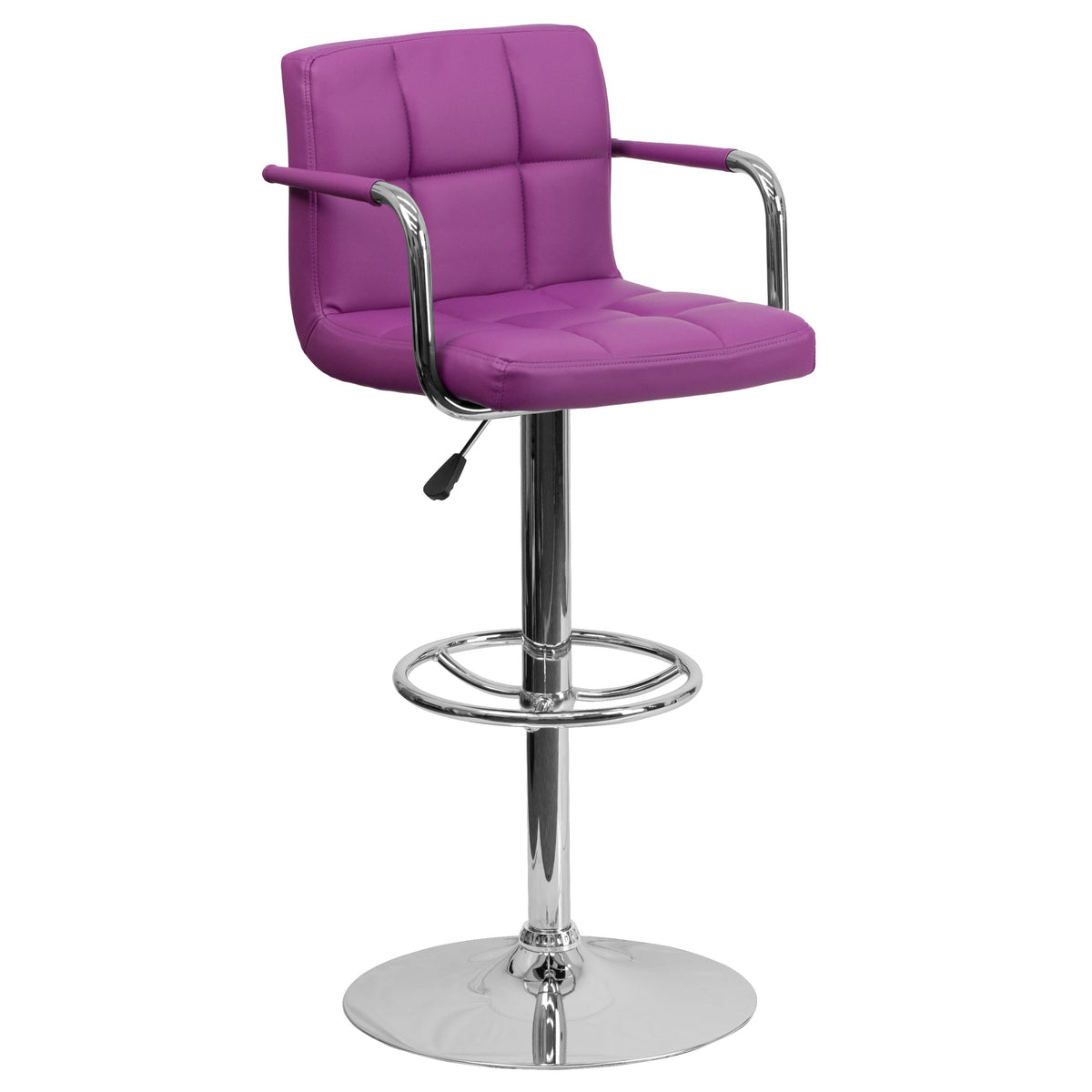 Purple |#| Purple Quilted Vinyl Adjustable Height Barstool with Arms and Chrome Base