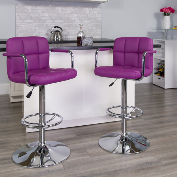 Purple |#| Purple Quilted Vinyl Adjustable Height Barstool with Arms and Chrome Base