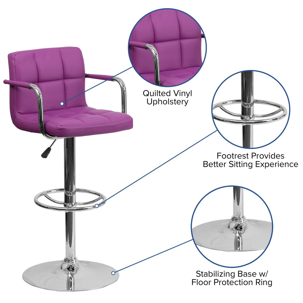 Purple |#| Purple Quilted Vinyl Adjustable Height Barstool with Arms and Chrome Base