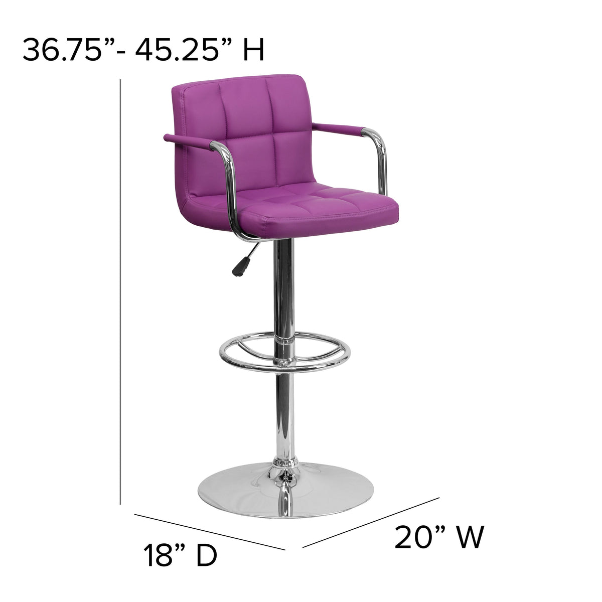 Purple |#| Purple Quilted Vinyl Adjustable Height Barstool with Arms and Chrome Base