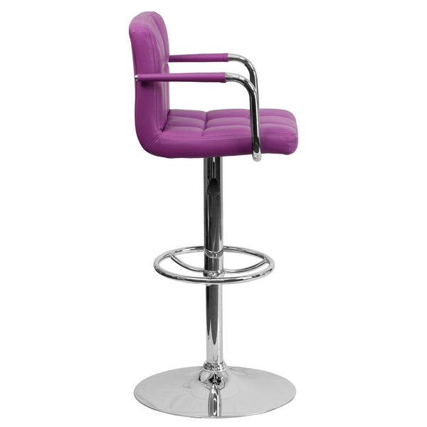 Purple |#| Purple Quilted Vinyl Adjustable Height Barstool with Arms and Chrome Base