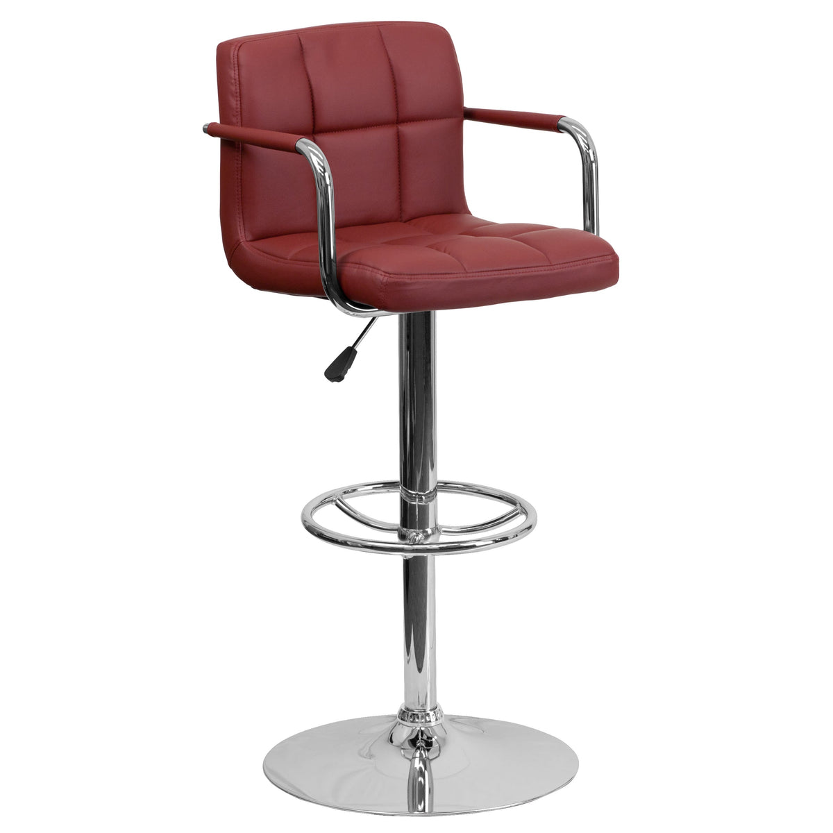 Burgundy |#| Burgundy Quilted Vinyl Adjustable Height Barstool with Arms and Chrome Base