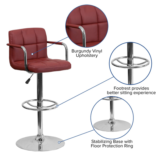 Burgundy |#| Burgundy Quilted Vinyl Adjustable Height Barstool with Arms and Chrome Base