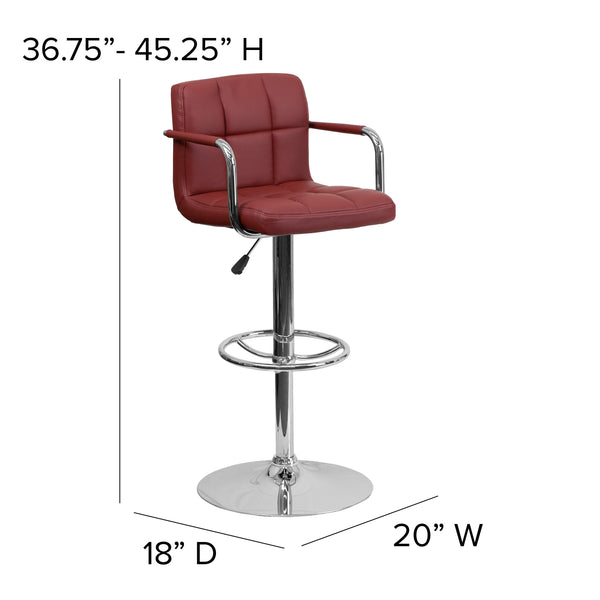 Burgundy |#| Burgundy Quilted Vinyl Adjustable Height Barstool with Arms and Chrome Base