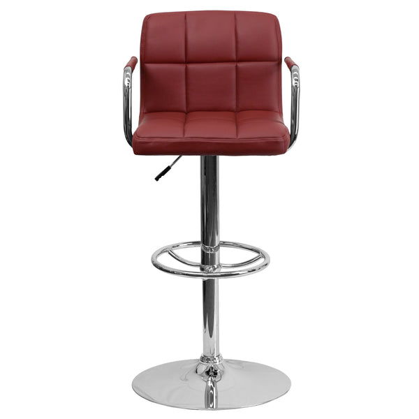 Burgundy |#| Burgundy Quilted Vinyl Adjustable Height Barstool with Arms and Chrome Base