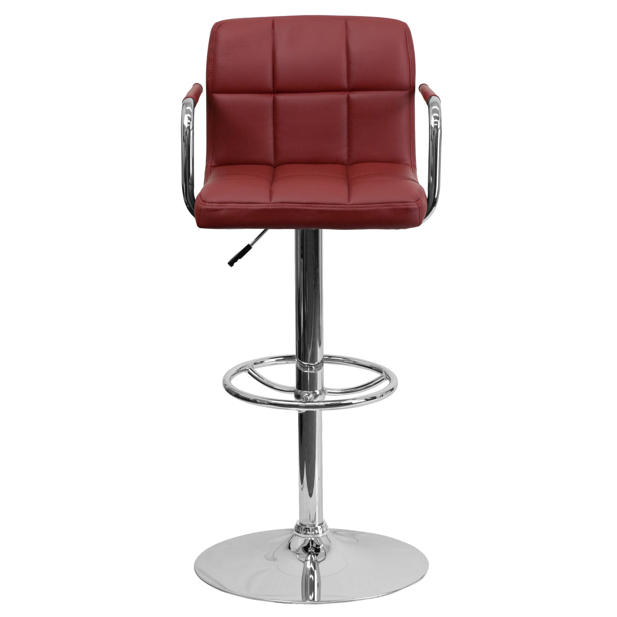 Burgundy |#| Burgundy Quilted Vinyl Adjustable Height Barstool with Arms and Chrome Base