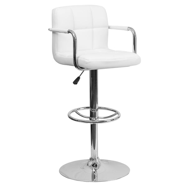 White |#| White Quilted Vinyl Adjustable Height Barstool with Arms and Chrome Base