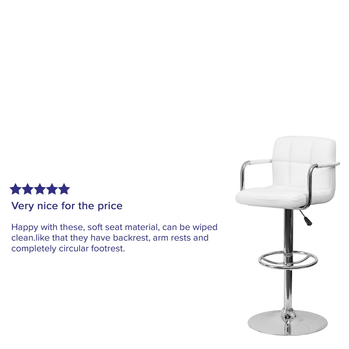 White |#| White Quilted Vinyl Adjustable Height Barstool with Arms and Chrome Base