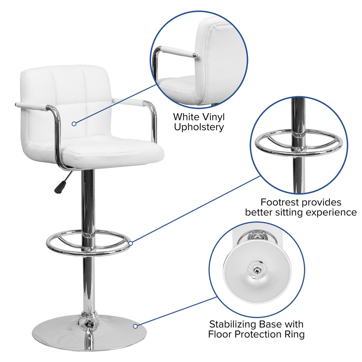 White |#| White Quilted Vinyl Adjustable Height Barstool with Arms and Chrome Base