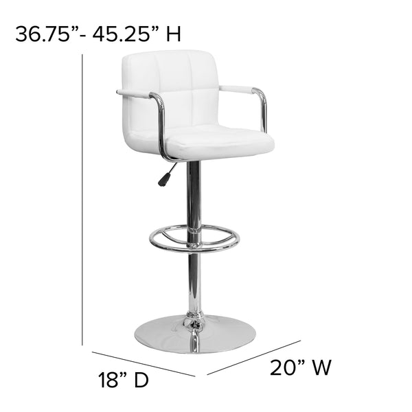 White |#| White Quilted Vinyl Adjustable Height Barstool with Arms and Chrome Base