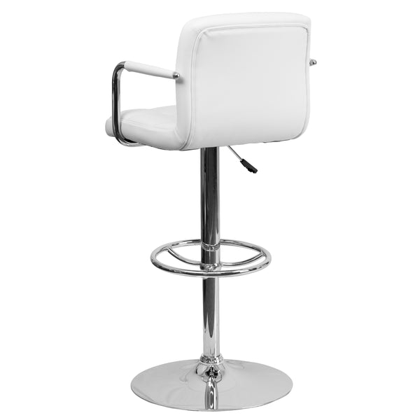 White |#| White Quilted Vinyl Adjustable Height Barstool with Arms and Chrome Base