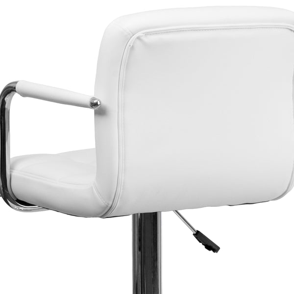 White |#| White Quilted Vinyl Adjustable Height Barstool with Arms and Chrome Base