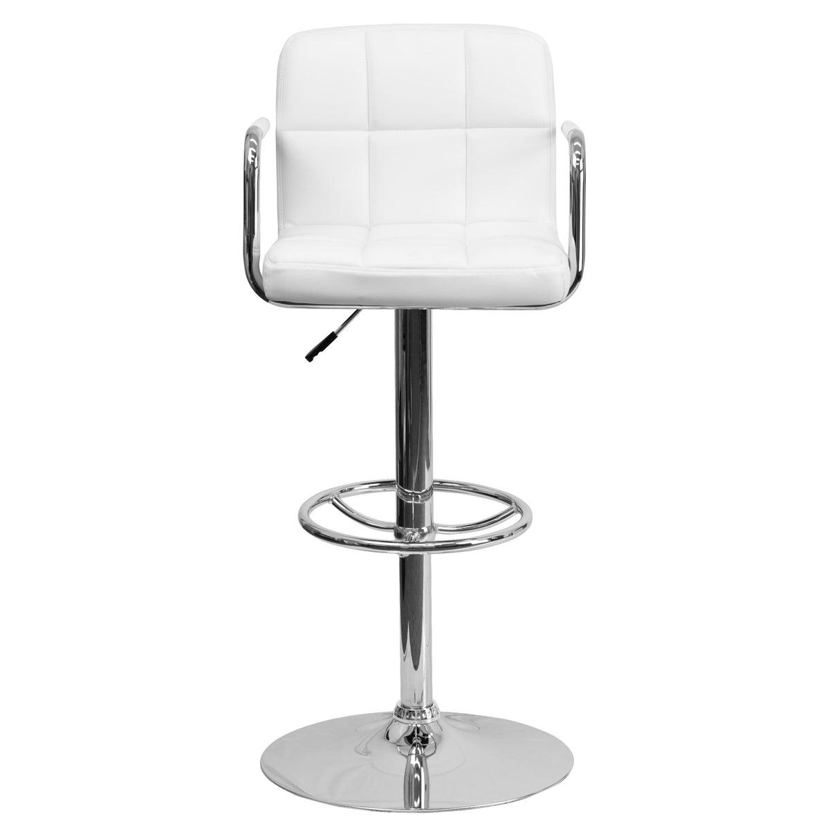 White |#| White Quilted Vinyl Adjustable Height Barstool with Arms and Chrome Base