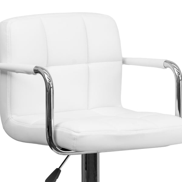 White |#| White Quilted Vinyl Adjustable Height Barstool with Arms and Chrome Base