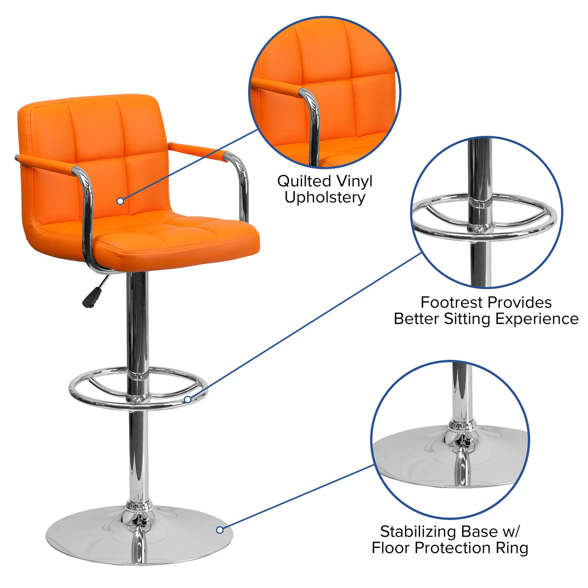 Orange |#| Orange Quilted Vinyl Adjustable Height Barstool with Arms and Chrome Base