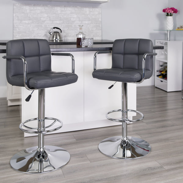 Gray |#| Gray Quilted Vinyl Adjustable Height Barstool with Arms and Chrome Base