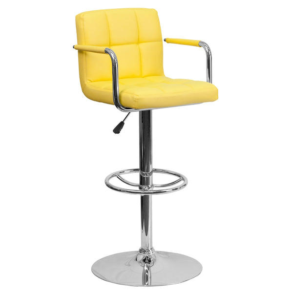 Yellow |#| Yellow Quilted Vinyl Adjustable Height Barstool with Arms and Chrome Base