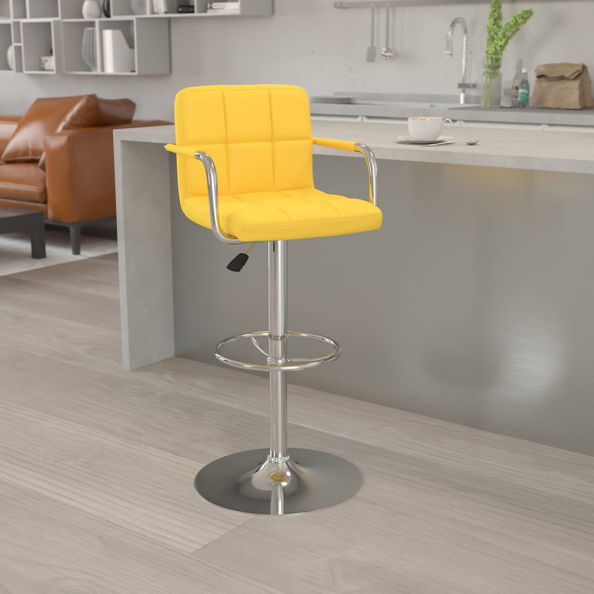 Yellow |#| Yellow Quilted Vinyl Adjustable Height Barstool with Arms and Chrome Base