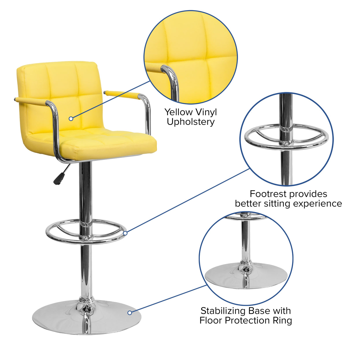 Yellow |#| Yellow Quilted Vinyl Adjustable Height Barstool with Arms and Chrome Base