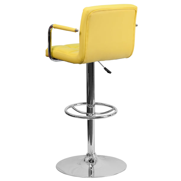 Yellow |#| Yellow Quilted Vinyl Adjustable Height Barstool with Arms and Chrome Base