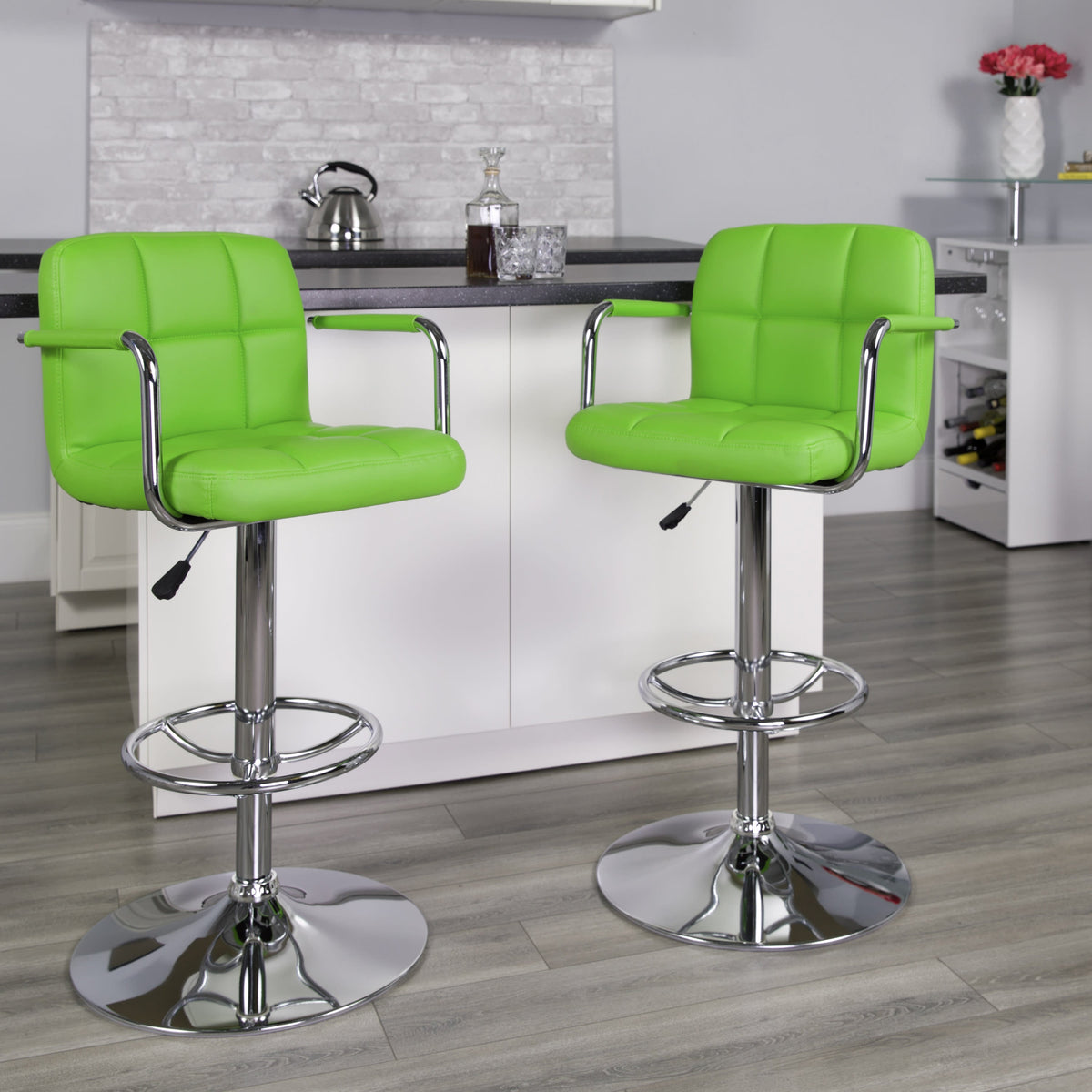 Green |#| Green Quilted Vinyl Adjustable Height Barstool with Arms and Chrome Base