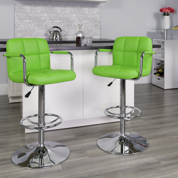 Green |#| Green Quilted Vinyl Adjustable Height Barstool with Arms and Chrome Base