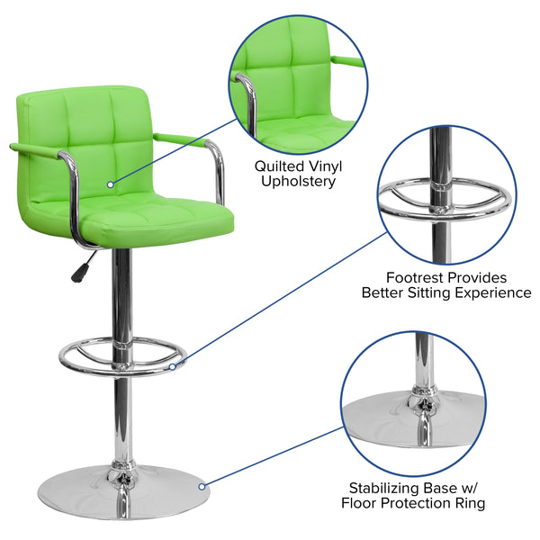 Green |#| Green Quilted Vinyl Adjustable Height Barstool with Arms and Chrome Base