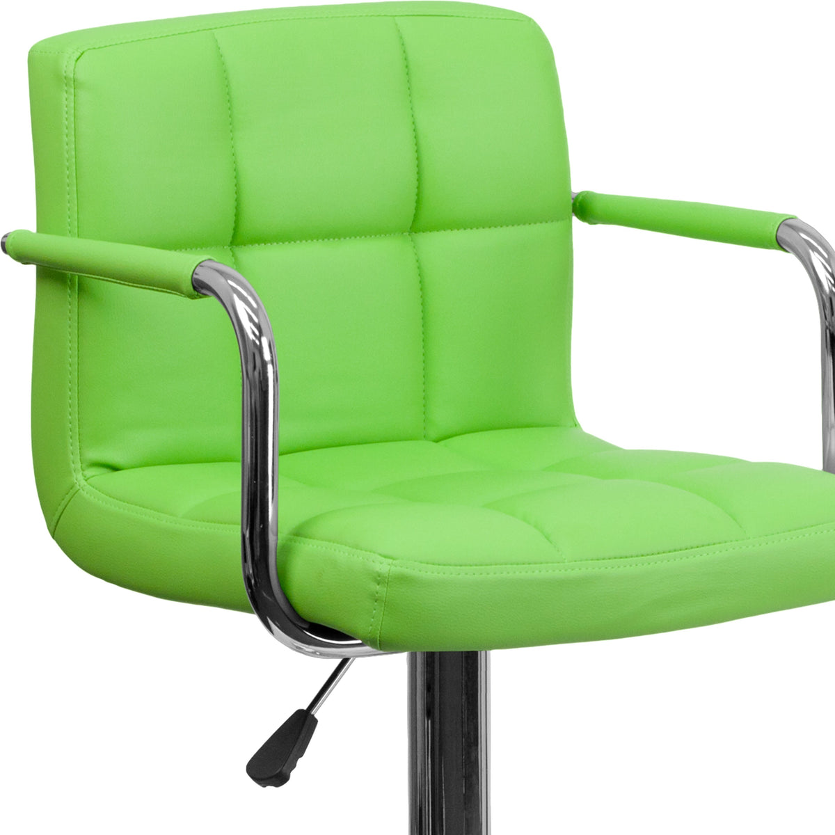 Green |#| Green Quilted Vinyl Adjustable Height Barstool with Arms and Chrome Base