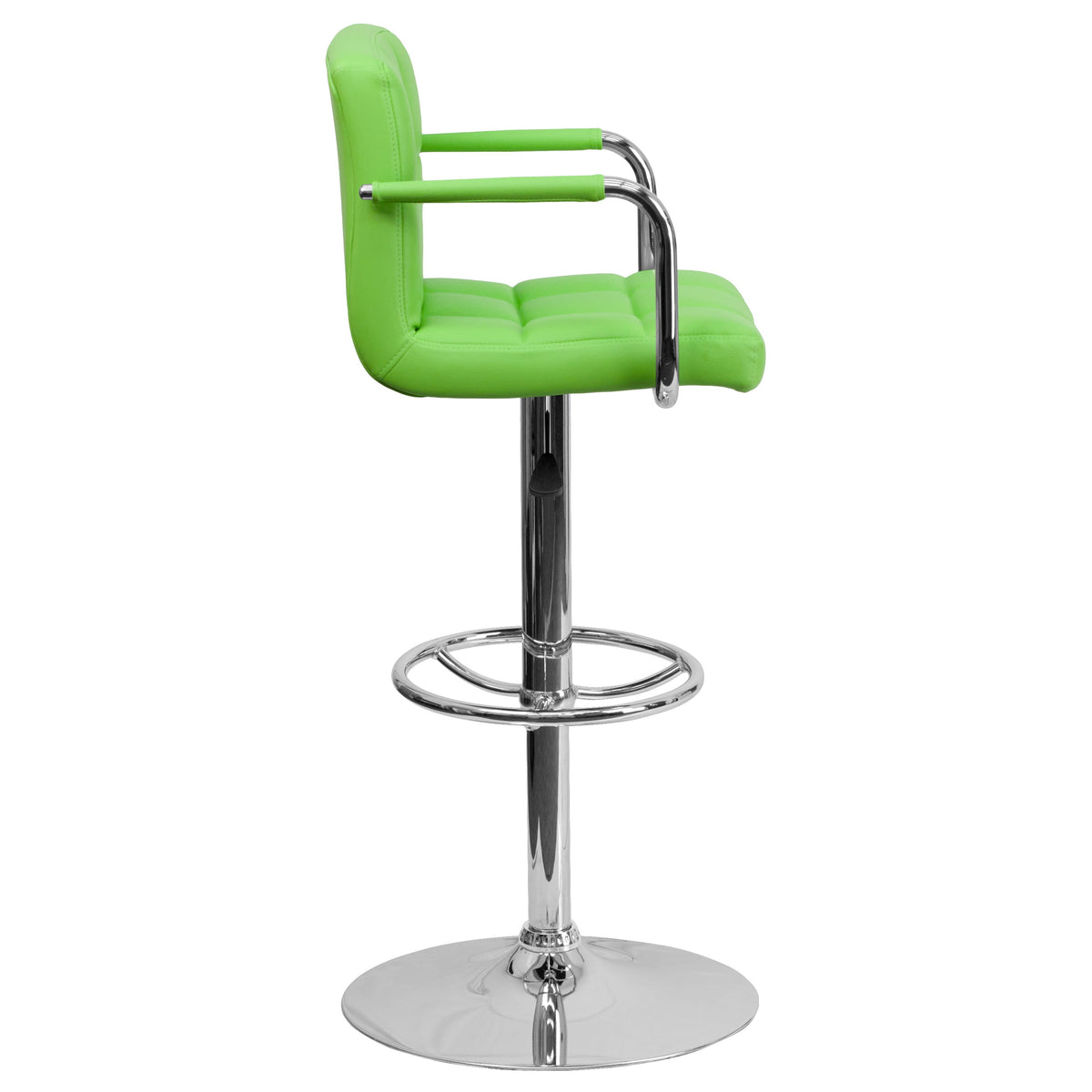 Green |#| Green Quilted Vinyl Adjustable Height Barstool with Arms and Chrome Base