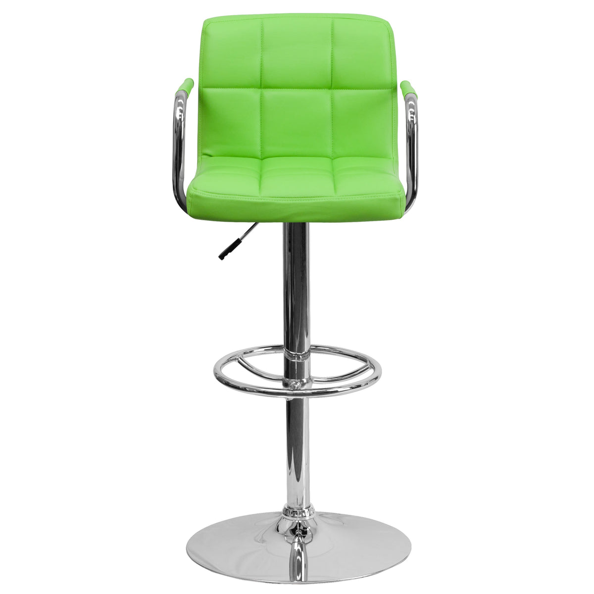 Green |#| Green Quilted Vinyl Adjustable Height Barstool with Arms and Chrome Base