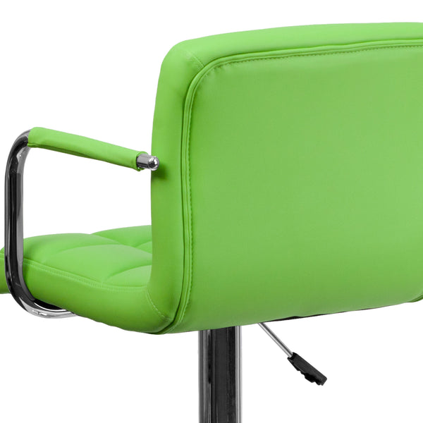 Green |#| Green Quilted Vinyl Adjustable Height Barstool with Arms and Chrome Base