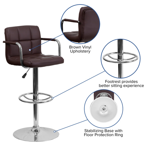 Brown |#| Brown Quilted Vinyl Adjustable Height Barstool with Arms and Chrome Base