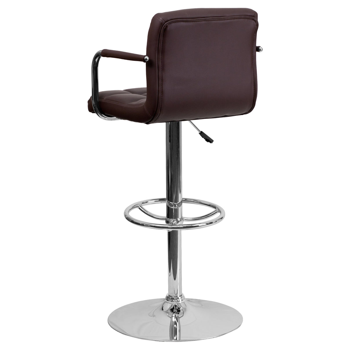 Brown |#| Brown Quilted Vinyl Adjustable Height Barstool with Arms and Chrome Base