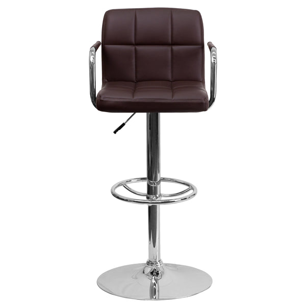 Brown |#| Brown Quilted Vinyl Adjustable Height Barstool with Arms and Chrome Base