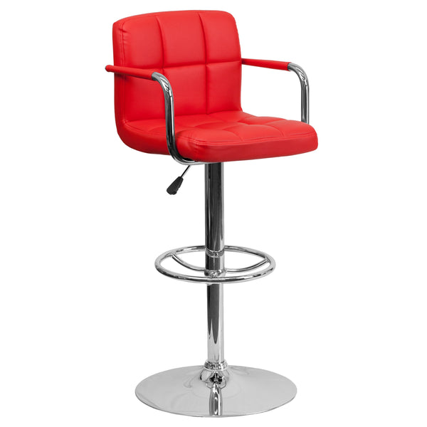 Red |#| Red Quilted Vinyl Adjustable Height Barstool with Arms and Chrome Base