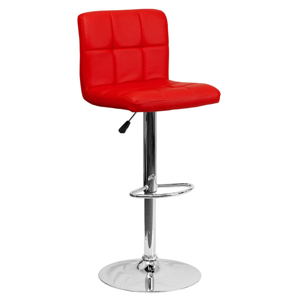 Red |#| Contemporary Red Quilted Vinyl Adjustable Height Barstool with Chrome Base