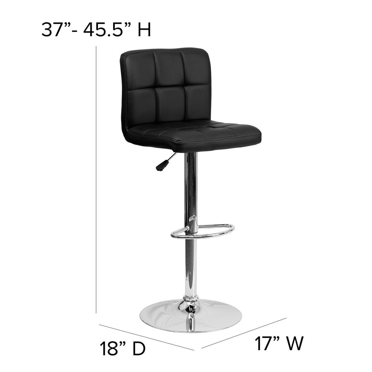 Black |#| Contemporary Black Quilted Vinyl Adjustable Height Barstool with Chrome Base