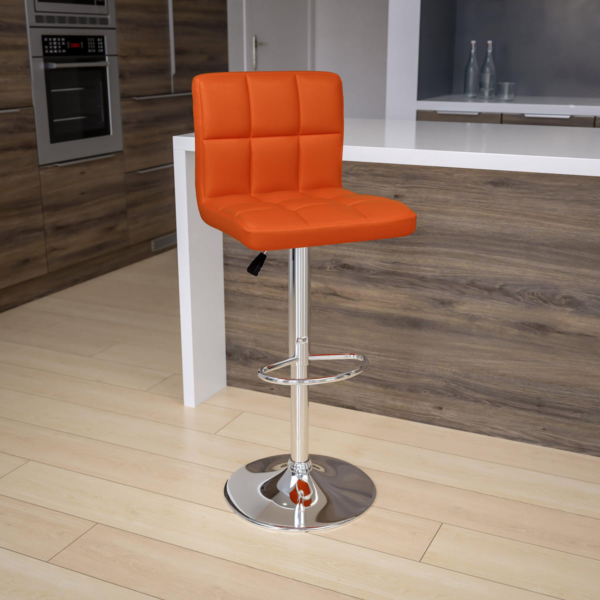 Orange |#| Contemporary Orange Quilted Vinyl Adjustable Height Barstool with Chrome Base