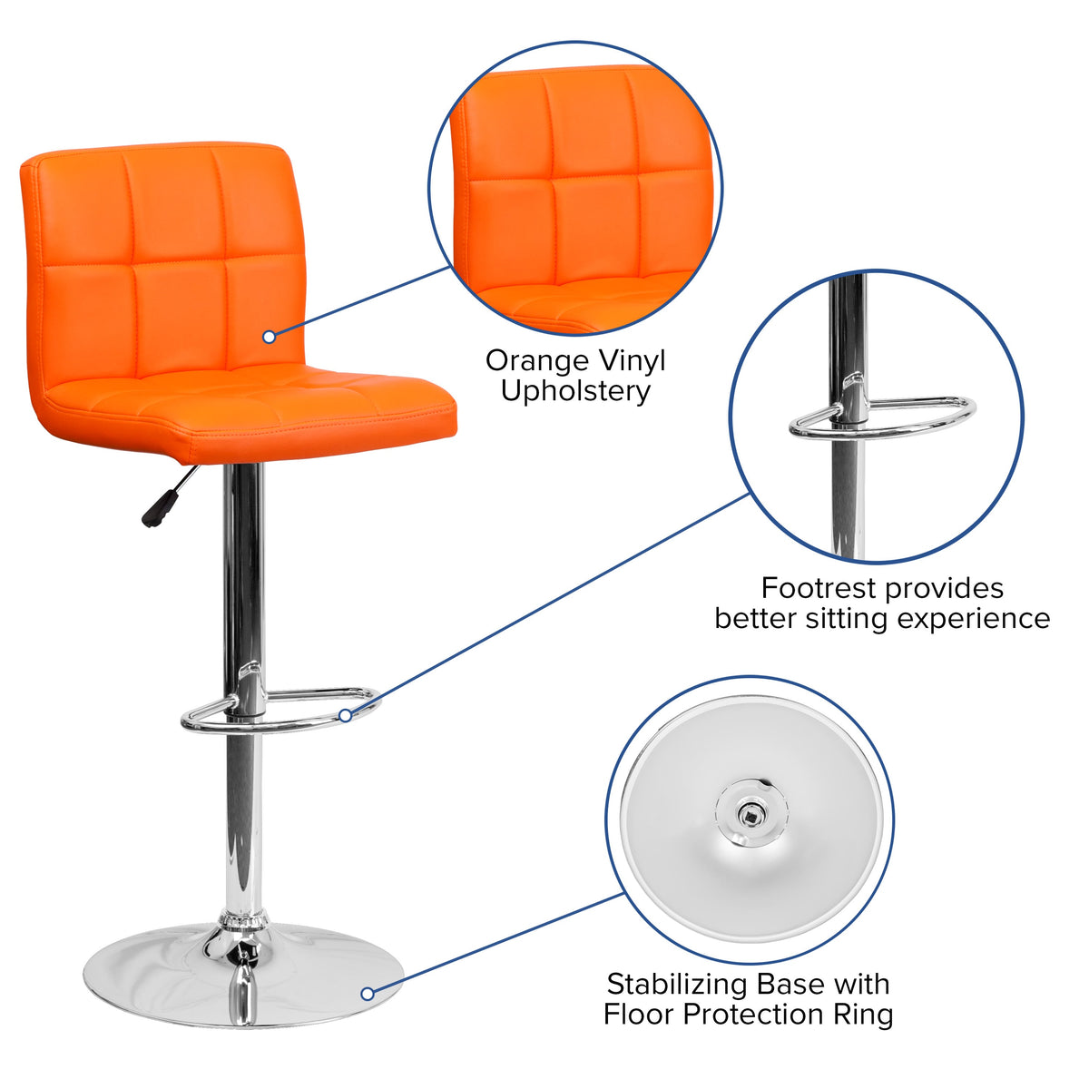 Orange |#| Contemporary Orange Quilted Vinyl Adjustable Height Barstool with Chrome Base